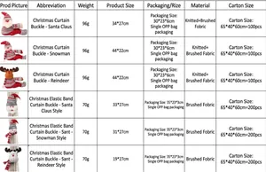 Detailed size chart and specifications for Christmas curtain tiebacks with Santa and Reindeer