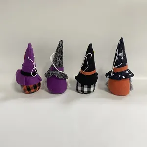 Set of four colorful Halloween faceless gnome plush dolls for festive window decoration
