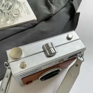 Vintage camera shaped box bag for women with metallic silver finish