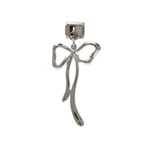 Silver stainless steel bow charm for Italian modular DIY bracelets, high polish finish