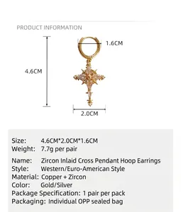 Detailed view of gold cross earrings with zircon showing exact dimensions and specs.