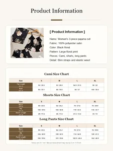 Size chart for women's 3-piece floral satin pajama set including cami, shorts and pants