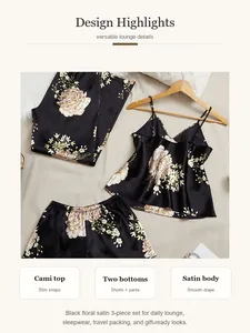 Detailed view of the black floral satin 3-piece set with cami top and two bottoms.