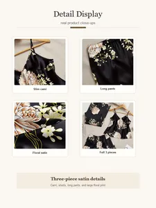 Close-up details of 3-piece black floral satin pajama set including camisole and pants.