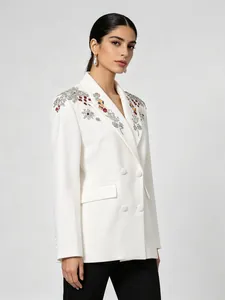 Damen Luxus Bestickt Strass Blazer Jacke Zweireihig Blumen Perlen Slim Fit Pendler Formale Anzug Oberbekleidung