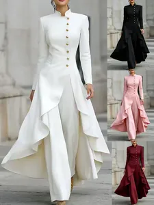 French style high neck solid color elegant pant suit set with buttons and split hem
