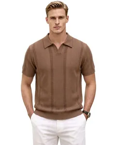Detail of brown men's hollow-out knit polo shirt with textured vertical stripes.