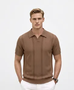 Professional detail view of a men's brown hollow-out knitted Polo shirt on a model.