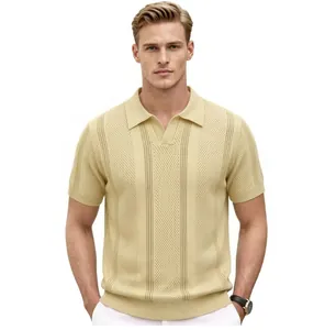 Close-up of men's beige hollow knit Polo shirt featuring a textured pointelle design