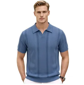 Close-up of men's premium hollow-out knit polo shirt in blue with mesh texture
