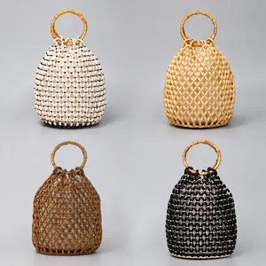 Handmade wooden bead bucket bags shown in four different stylish natural color options.