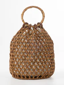 Handmade Woven Wood Bead Bucket Bag For Women Bamboo Circle Handle Bohemian Beach Vacation Handbag Canvas Inner Pouch