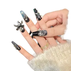 Luxury handmade black press-on nails with sparkling zircon and gothic charms