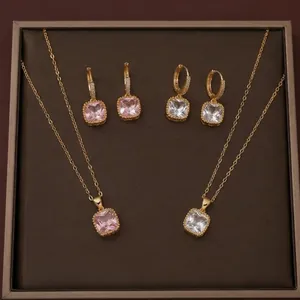 Moda Acero Inoxidable Colorido Zirconia Geométrico Cuadrado Colgante Collar Y Pendientes Conjunto Elegante Joyería Para Mujer Regalo