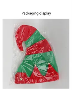 Detailed shot of a red and green striped Christmas elf hat in its plastic packaging