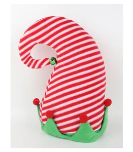 Detailed view of a striped Christmas elf hat with red pom-poms and a green bell