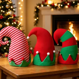 Festive Christmas elf hats with bells and stripes in a cozy holiday fireplace setting.
