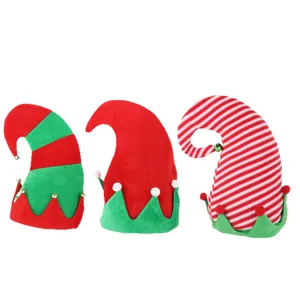 Three festive Christmas elf hats with bells and stripes for holiday party decorations.