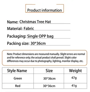 Spécifications détaillées de taille et de poids pour les chapeaux sapin de Noël en tissu