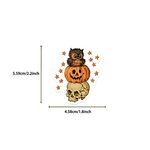 Halloween sticker dimension detail featuring vintage owl, pumpkin, and skull design