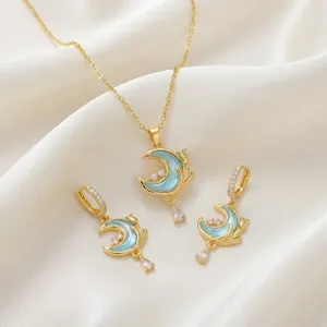 Luxus Edelstahl Vergoldet Blau Mond Katze Anhänger Halskette Zirkonia Tropfen Ohrringe Nischen Design Romantischer Schmuck