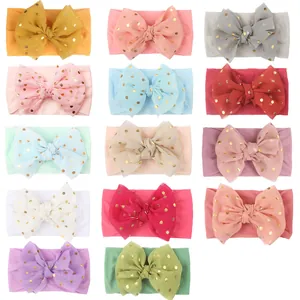 Colección de diademas de nailon para niños con lazos de malla de lunares dorados.