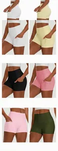 Multi-color selection of women's high-waist yoga shorts with functional side pockets