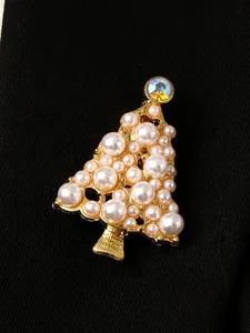 Eleganter goldener Weihnachtsbaum-Brosche mit weißen Perlen und glitzerndem Strassstein Schmuck