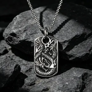Vintage Dragon Pendant Necklace 316L Stainless Steel Chinese Zodiac Dragon Tag Necklace For Men Ethnic Style Relief Jewelry Gift