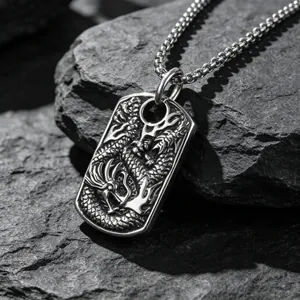 Antique titanium steel dragon pendant necklace for men on black rock background