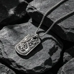 Vintage titanium steel dragon pendant necklace for men with box chain on dark rocks