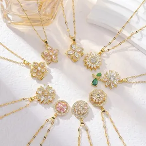 Titanium Steel Rotating Flower Pendant Necklace For Women Luxury Zirconia Sunflower Heart Clavicle Chain Fashion Jewelry Gift