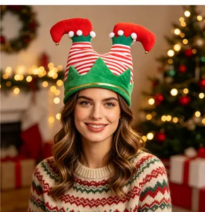 Festive striped elf hat with jingling bells and upright legs worn by a smiling woman