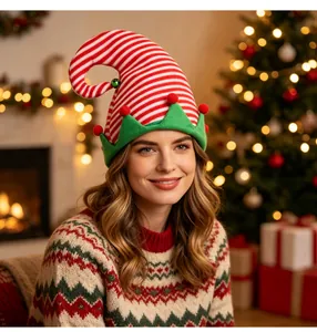 Smiling woman wearing a festive red and white striped Christmas elf hat with decorative bells