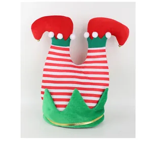 Funny Christmas elf leg hat with red and white striped legs and bells for holiday decor