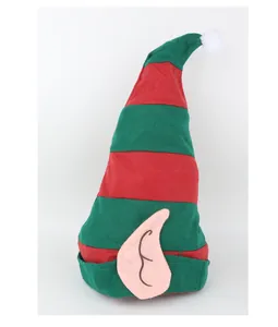 Festive red and green striped Christmas elf hat with large pointed ears and white pom-pom.