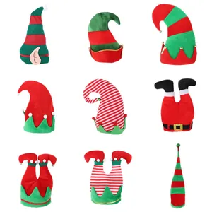 Assorted Christmas Elf hats featuring plush stripe designs and festive bell decorations
