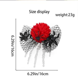 Halloween skeleton hand hair clip with red flower and black mesh, 6.29 inch size detail
