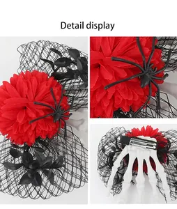 Detailed close-up of Halloween skeleton hand hair clip with red flower and mesh
