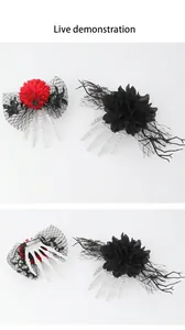 Detailed view of Halloween skeleton hand hair clips with flowers and black mesh decor.