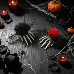 Halloween Skeleton Hand Hair Clip Gothic Ghost Claw Hairpin With Satin Flower Mesh Veil Spider For Party Costume Accessory Women