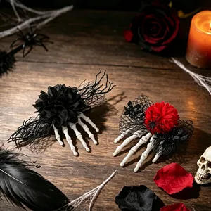 Halloween skeleton hand hair clips with black and red flowers for gothic party decor