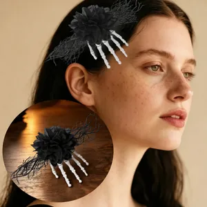 Halloween skeleton hand hair clip featuring a black flower and mesh lace for party