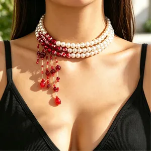 Vintage Gothic Multi Layer Artificial Pearl Choker Necklace For Women Resin Drop Flower Pendant Tassel Beads Statement Collar Chain Festive Party Costume Jewelry Gift