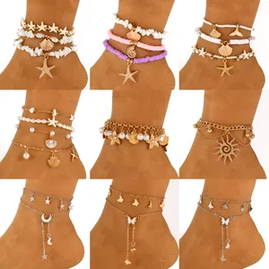 Boheemse Gelaagde Enkelbandjes Voor Dames Goud Zilver Kleur Vlinder Ster Maan Hart Strass Schelp Kunstparel Strand Enkelbandje Sieraden