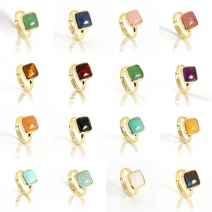Natural Crystal Square Natural Stone Gold Plated Copper Open Adjustable Ring For Women Aquamarine Tiger Eye Moonstone Minimalist Jewelry Gift