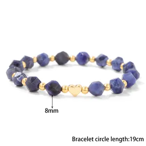 Minimalist blue faceted stone bead bracelet with gold heart charm, 8mm, 19cm length