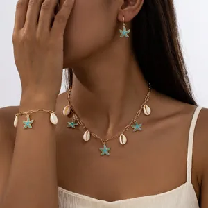 Sommer Seestern Meeresmuschel Schmuckset Für Damen Zinklegierung Vergoldet Emaille Anhänger Halskette Armband Ohrringe Set