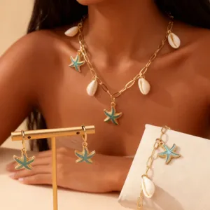 Detailansicht des goldenen Seestern- und Muschelschmucksets mit Halskette, Armband und Ohrringen.