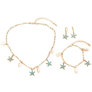Boho Gold Seestern und Muschel Schmuckset mit Halskette Armband und Ohrringen